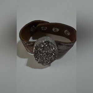 Silver Glitter Button Leather Bracelet